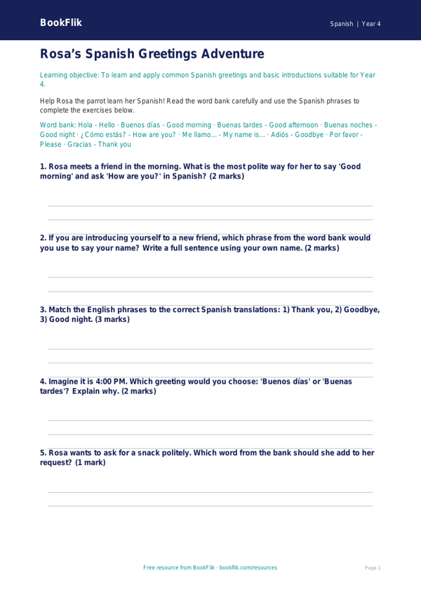 Free Greetings Worksheet | Year 4 Core | BookFlik worksheet preview — Spanish Greetings