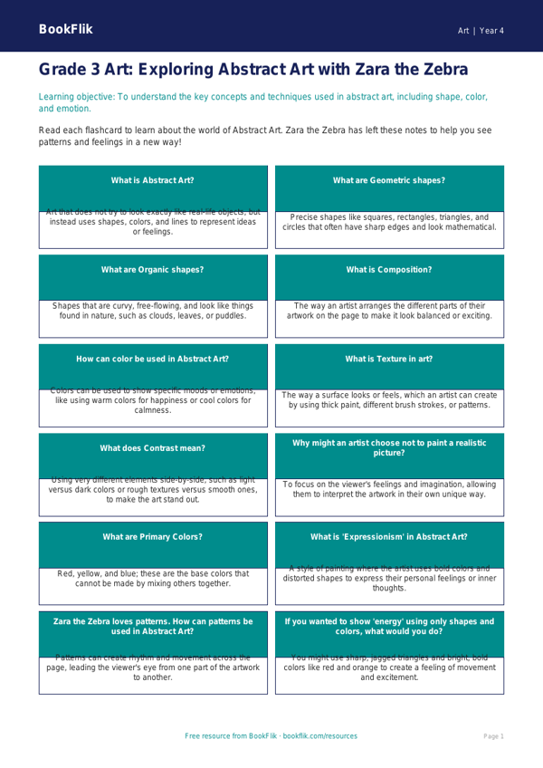 Art abstract art flashcards grade 3 core worksheet preview — Art Abstract Art