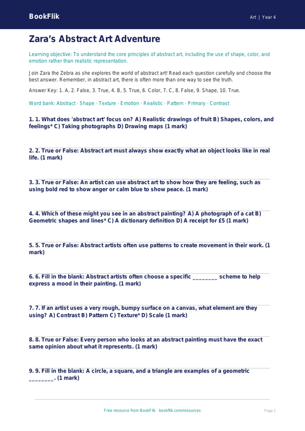 Art abstract art quiz grade 3 core worksheet preview — Art Abstract Art