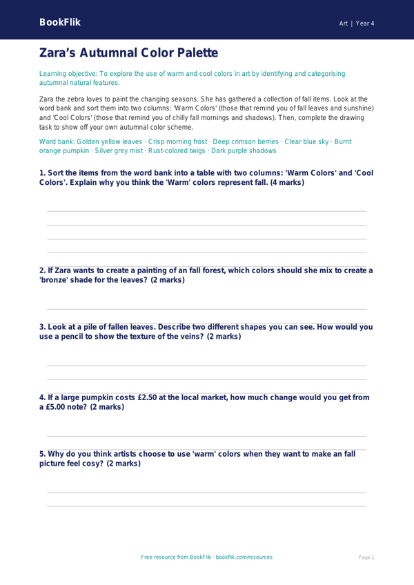 Free Autumn Art Activity Sheet | Grade 3 | Art | BookFlik worksheet preview — Art Autumn Art