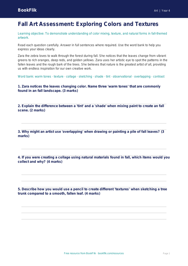 Free Autumn Art Assessment for Grade 3 | BookFlik worksheet preview — Art Autumn Art