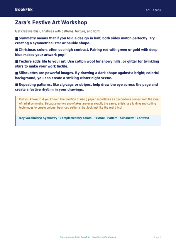 Free Christmas Art Lesson for Grade 3 | US Common Core | BookFlik worksheet preview — Art Christmas Art
