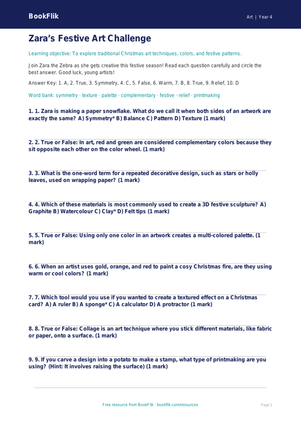 Free Christmas Art Quiz for Grade 3 Students | US Common Core worksheet preview — Art Christmas Art