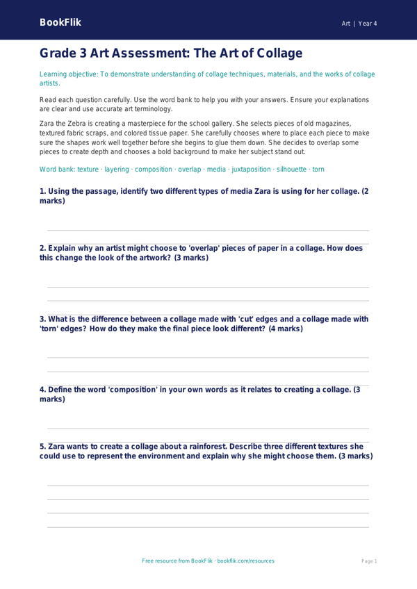 Free Collage Assessment | Grade 3 | Art | BookFlik worksheet preview — Art Collage