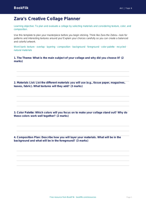 Free Collage Template | Grade 3 | Art | BookFlik worksheet preview — Art Collage