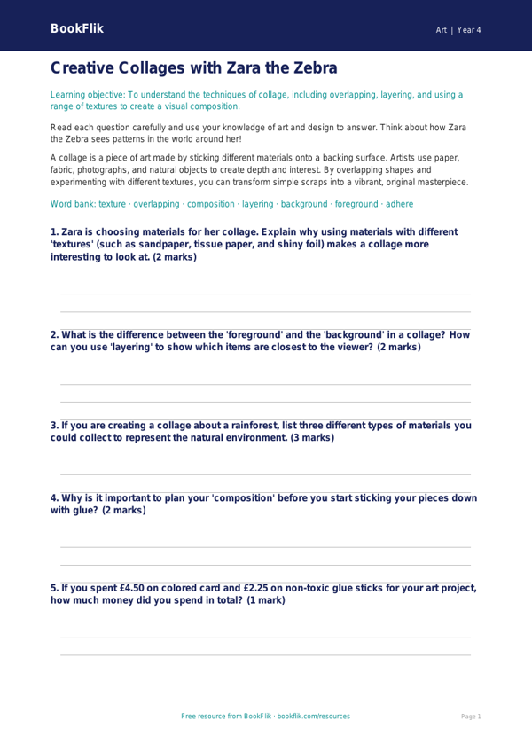 Free Collage Worksheet | Grade 3 | Art | BookFlik worksheet preview — Art Collage