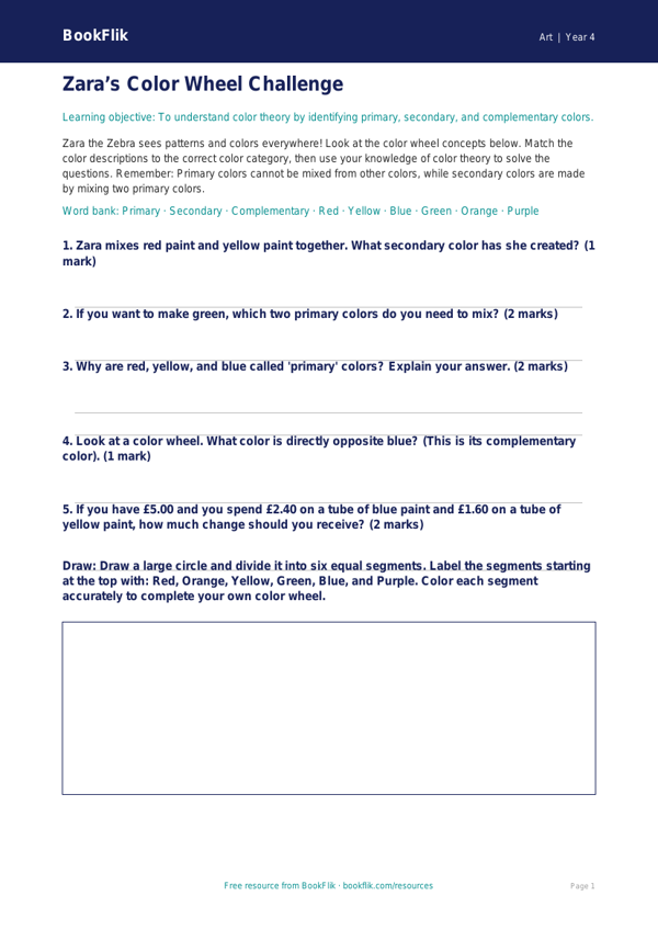 Free Colour Theory Activity Sheet | Grade 3 | Art | BookFlik worksheet preview — Art Colour Theory