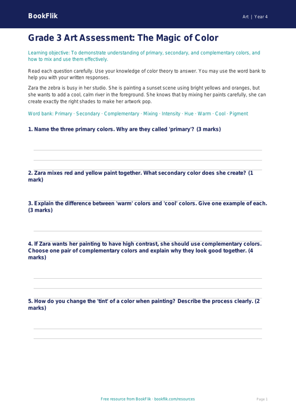 Art colour theory assessment grade 3 core worksheet preview — Art Colour Theory