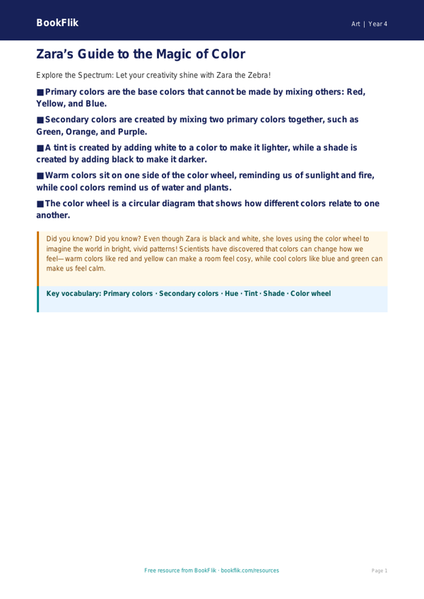 Free Color Theory Poster | Grade 3 | Art | BookFlik worksheet preview — Art Colour Theory