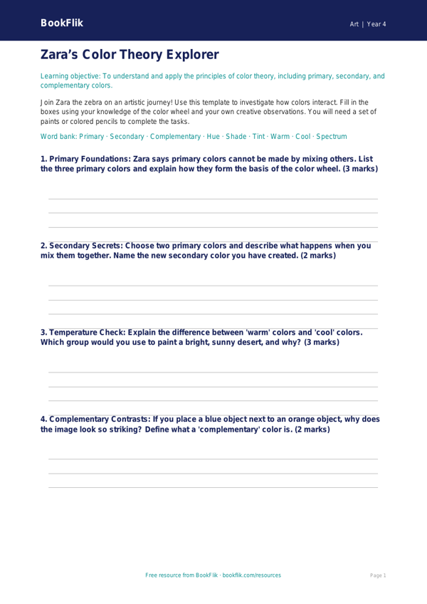 Art colour theory template grade 3 core worksheet preview — Art Colour Theory