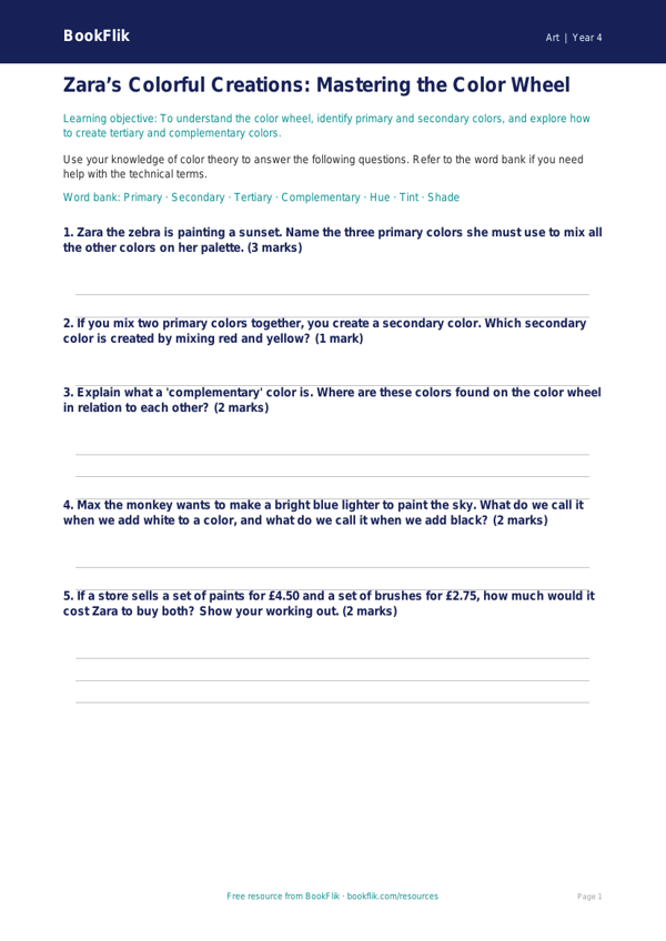 Free Colour Theory Worksheet | Grade 3 | Art | BookFlik worksheet preview — Art Colour Theory