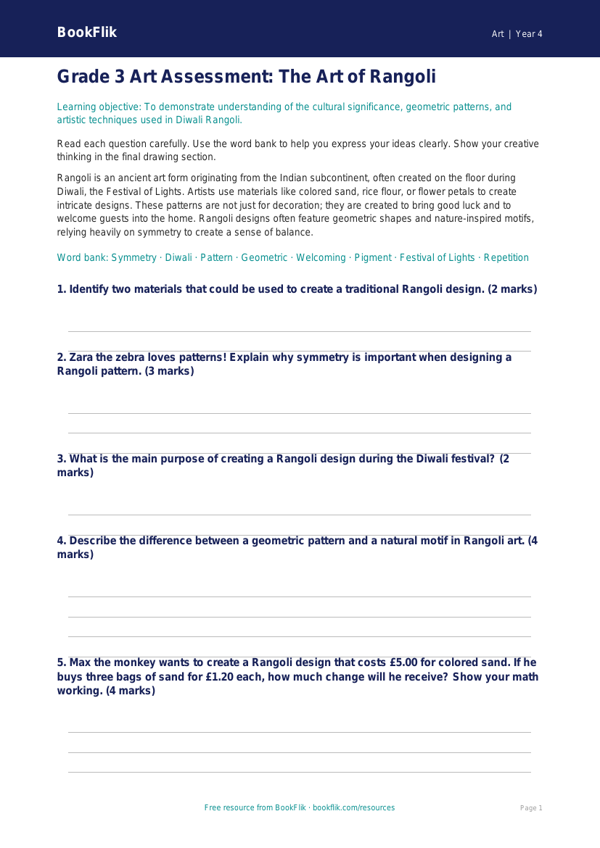 Free Diwali Rangoli Assessment for Grade 3 Students | BookFlik worksheet preview — Art Diwali Rangoli