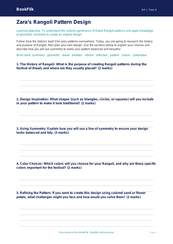 Free Diwali Rangoli Designs for Grade 3 | US Common Core Art worksheet preview — Art Diwali Rangoli