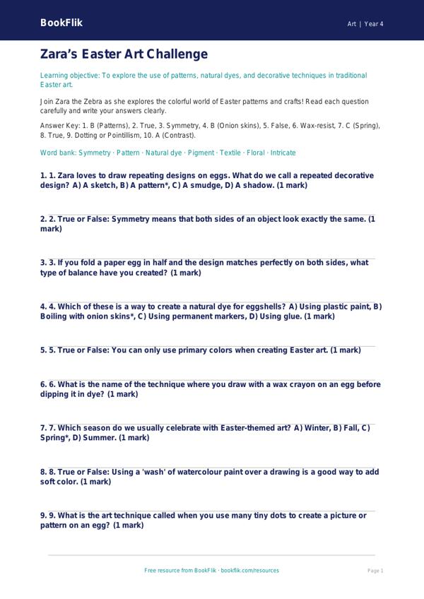 Free Easter Art Quiz | Grade 3 | Art | BookFlik worksheet preview — Art Easter Art