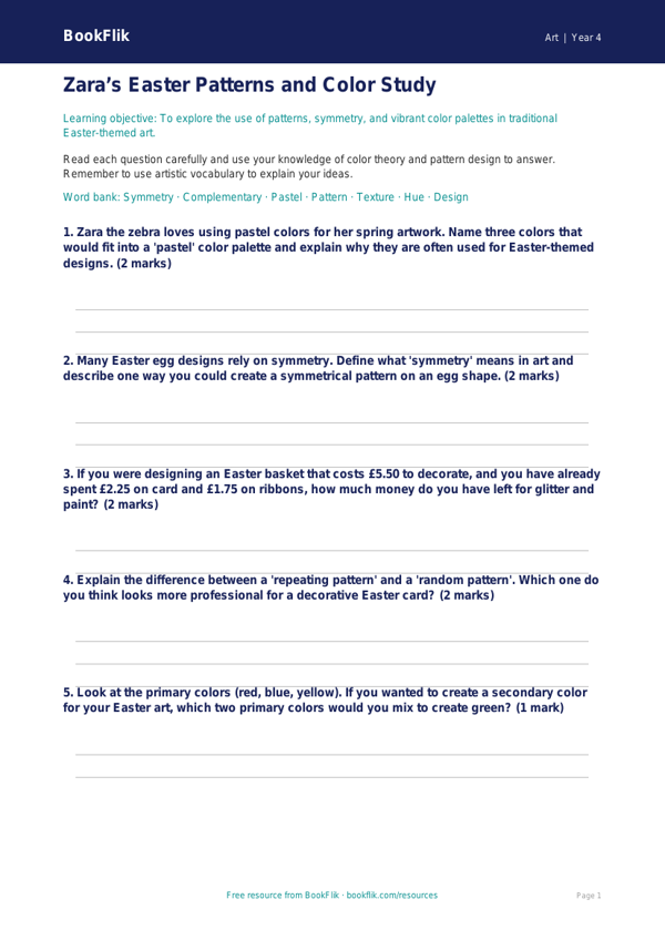 Free Easter Art Worksheet for Grade 3 | BookFlik worksheet preview — Art Easter Art