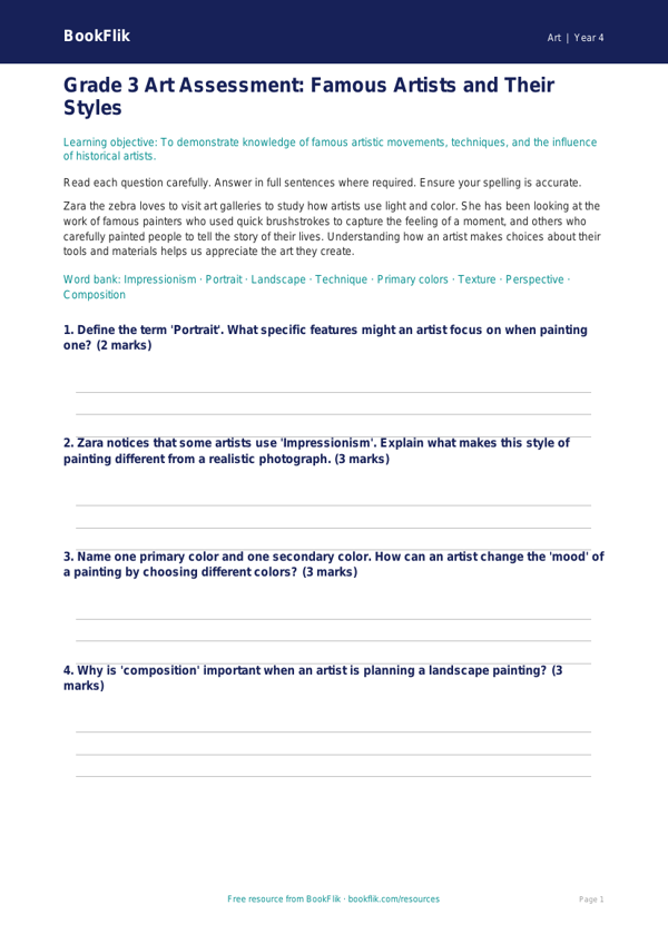Art famous artists assessment grade 3 core worksheet preview — Art Famous Artists