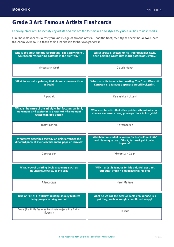 Art famous artists flashcards grade 3 core worksheet preview — Art Famous Artists
