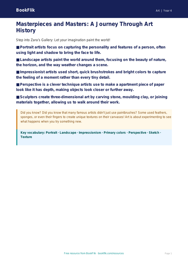 Free Famous Artists Poster | Grade 3 | Art | BookFlik worksheet preview — Art Famous Artists