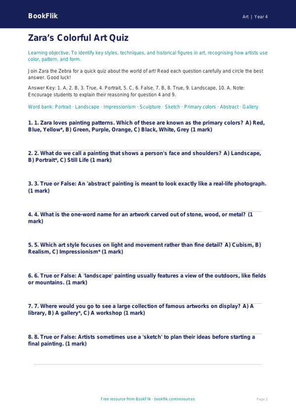 Art famous artists quiz grade 3 core worksheet preview — Art Famous Artists