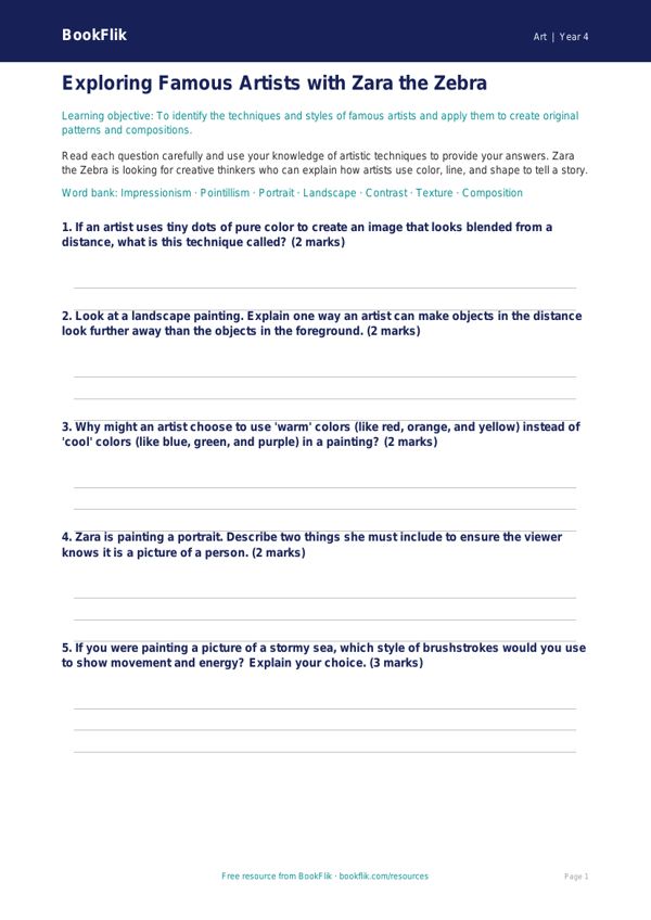 Free Famous Artists Worksheet | Grade 3 | Art | BookFlik worksheet preview — Art Famous Artists