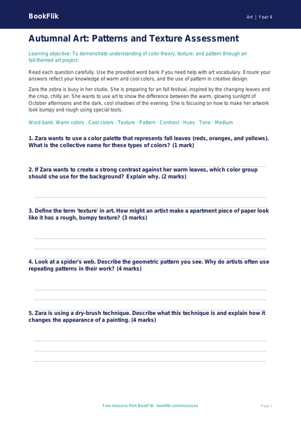 Free Halloween Art Assessment for Grade 3 Students | BookFlik worksheet preview — Art Halloween Art