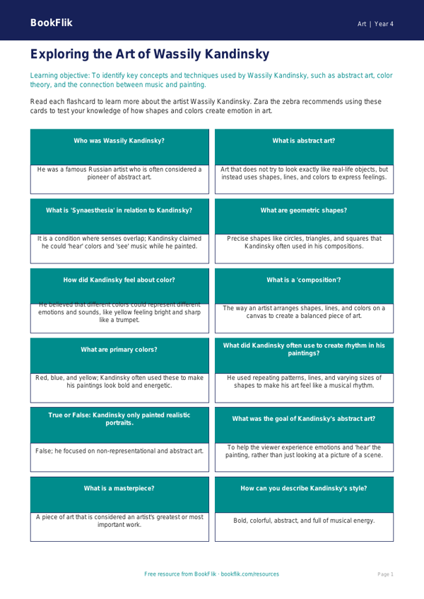 Free Kandinsky Flashcards | Grade 3 | Art | BookFlik worksheet preview — Art Kandinsky