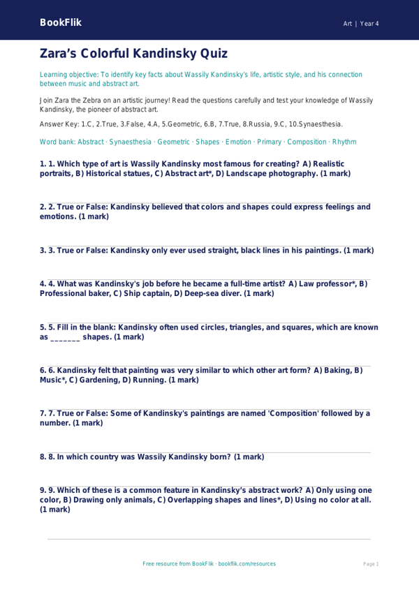 Free Kandinsky Quiz | Grade 3 | Art | BookFlik worksheet preview — Art Kandinsky