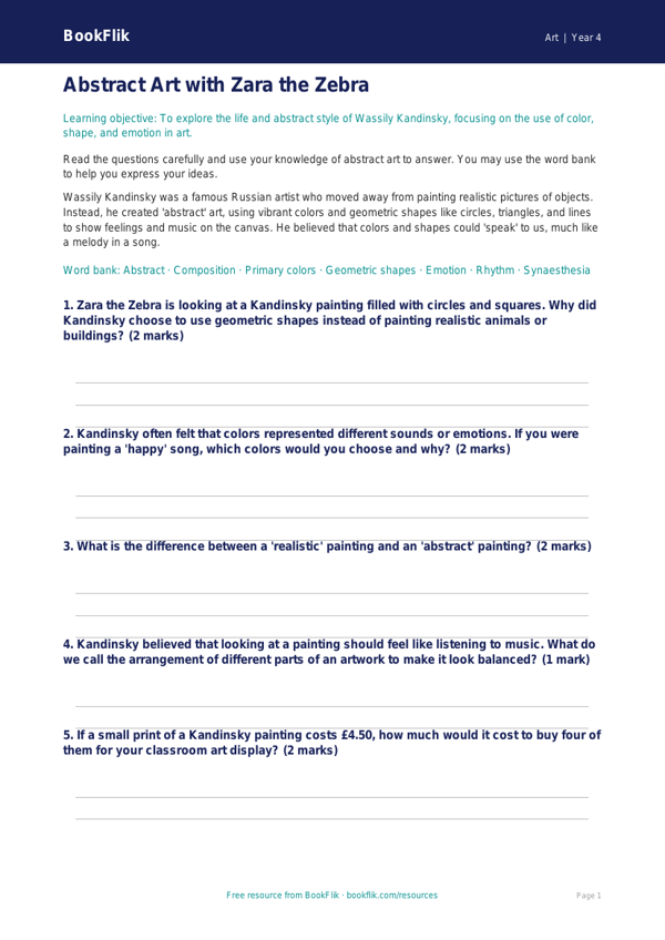 Free Kandinsky Worksheet | Grade 3 | Art | BookFlik worksheet preview — Art Kandinsky