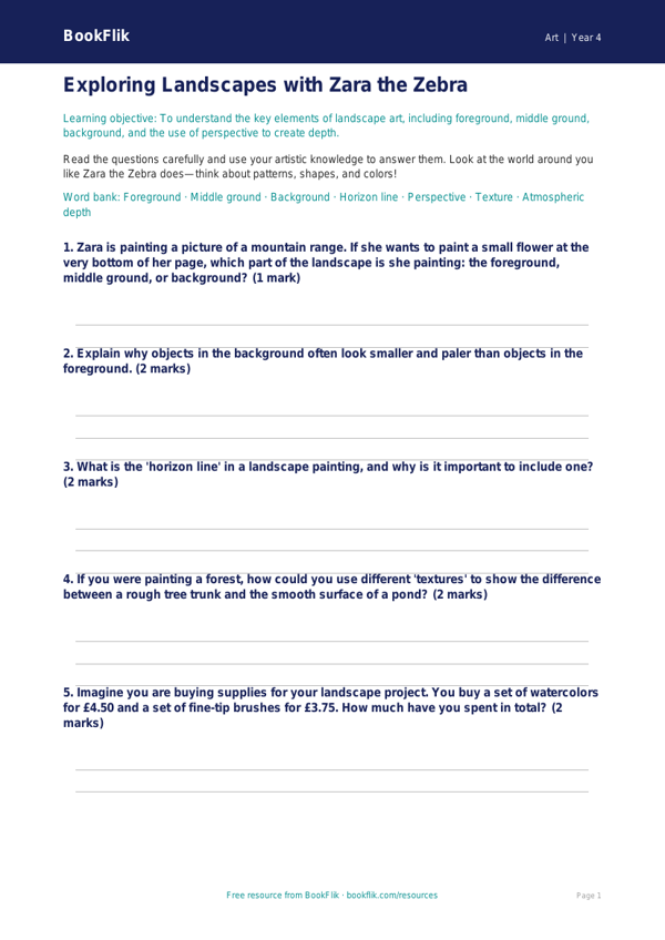 Free Landscapes Worksheet | Grade 3 | Art | BookFlik worksheet preview — Art Landscapes