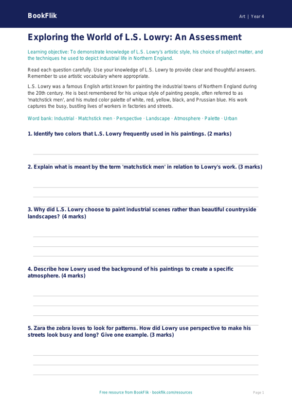 Free Lowry Assessment | Grade 3 | Art | BookFlik worksheet preview — Art Lowry