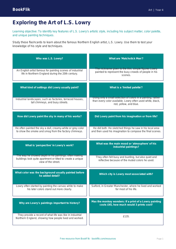 Free Lowry Flashcards | Grade 3 | Art | BookFlik worksheet preview — Art Lowry