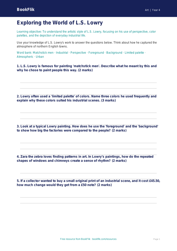 Free Lowry Worksheet | Grade 3 | Art | BookFlik worksheet preview — Art Lowry