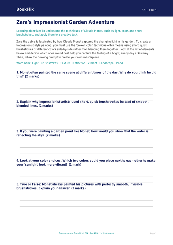 Free Monet Activity Sheet | Grade 3 | Art | BookFlik worksheet preview — Art Monet