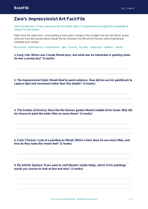 Art monet template grade 3 core worksheet preview — Art Monet