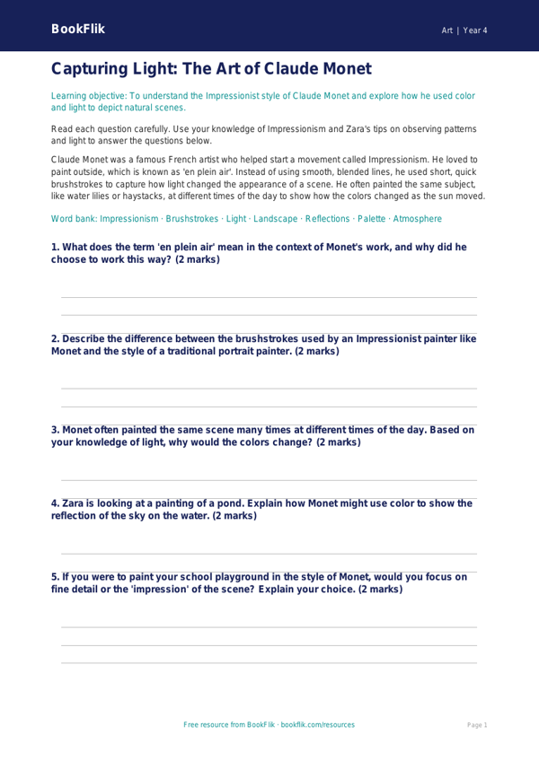 Free Monet Worksheet | Grade 3 | Art | BookFlik worksheet preview — Art Monet