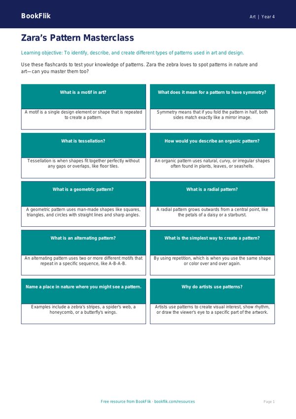 Art pattern flashcards grade 3 core worksheet preview — Art Pattern