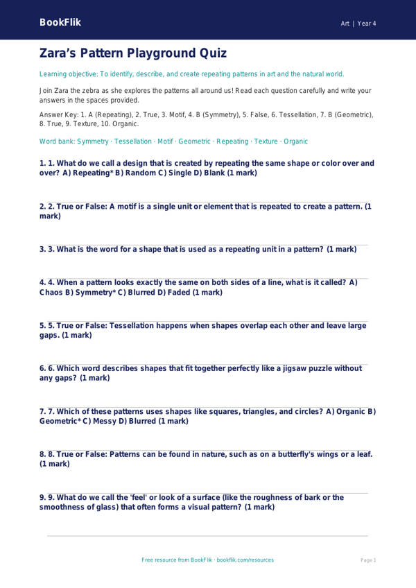 Art pattern quiz grade 3 core worksheet preview — Art Pattern