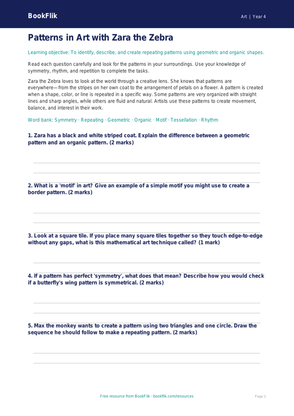 Free Pattern Worksheet | Grade 3 | Art | BookFlik worksheet preview — Art Pattern