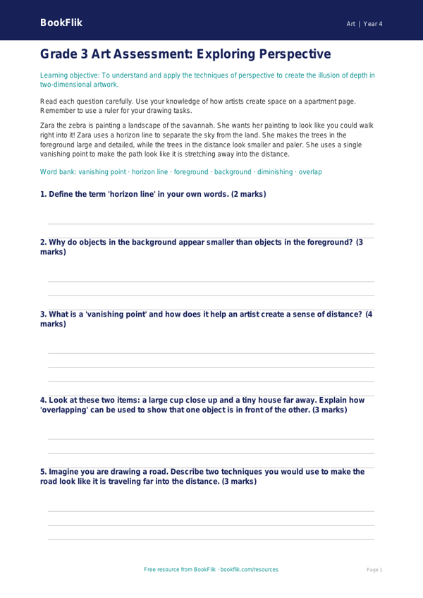 Art perspective assessment grade 3 core worksheet preview — Art Perspective