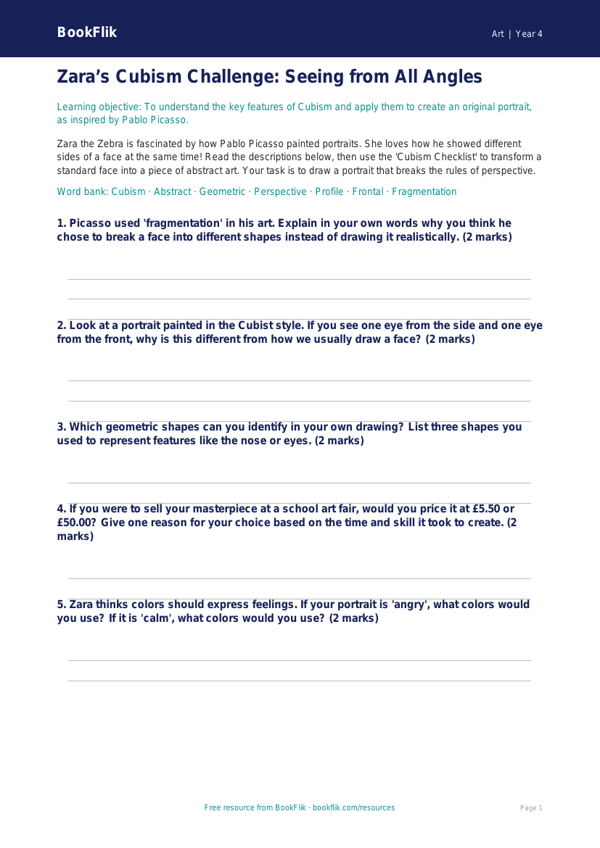 Free Picasso Activity Sheet | Grade 3 | Art | BookFlik worksheet preview — Art Picasso
