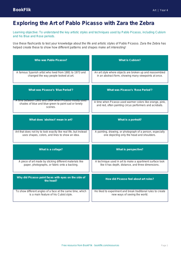 Free Picasso Flashcards | Grade 3 | Art | BookFlik worksheet preview — Art Picasso