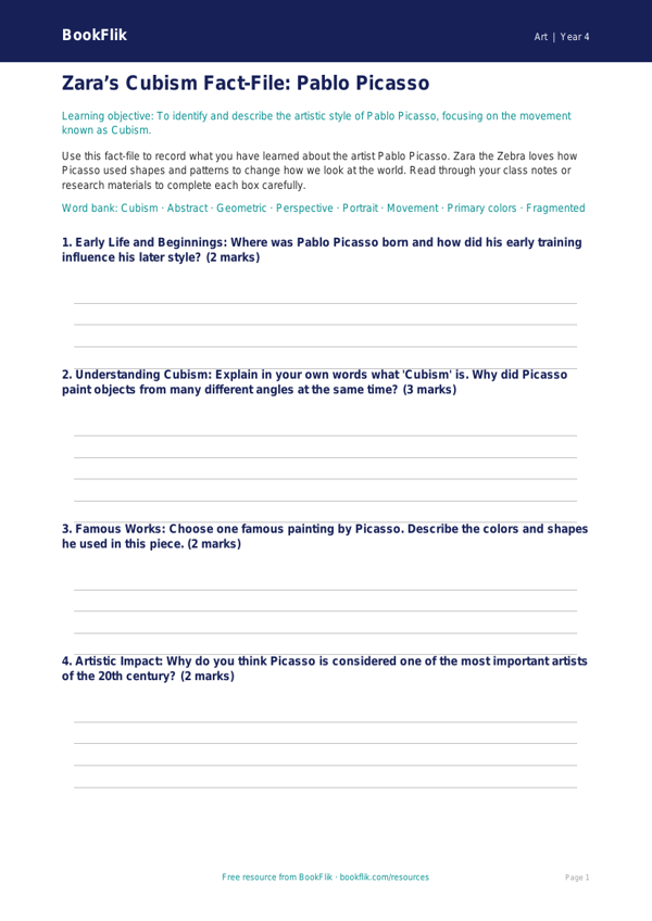 Free Picasso Template | Grade 3 | Art | BookFlik worksheet preview — Art Picasso