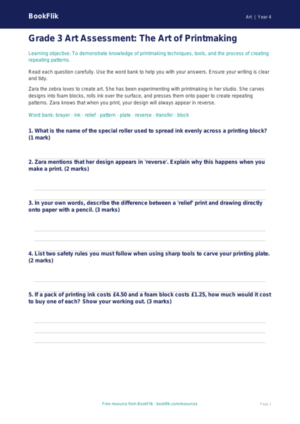 Free Printmaking Assessment | Grade 3 | Art | BookFlik worksheet preview — Art Printmaking
