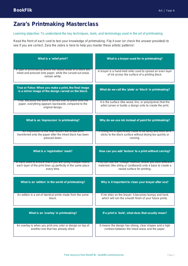 Art printmaking flashcards grade 3 core worksheet preview — Art Printmaking