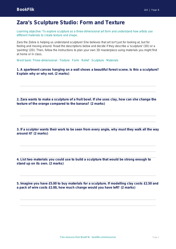 Free Sculpture Activity Sheet | Grade 3 | Art | BookFlik worksheet preview — Art Sculpture