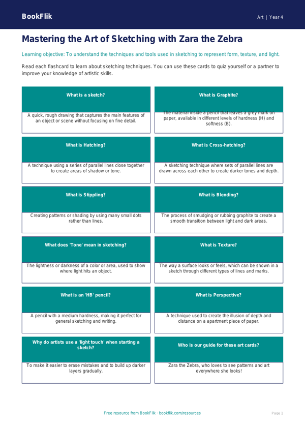 Free Sketching Flashcards | Grade 3 | Art | BookFlik worksheet preview — Art Sketching