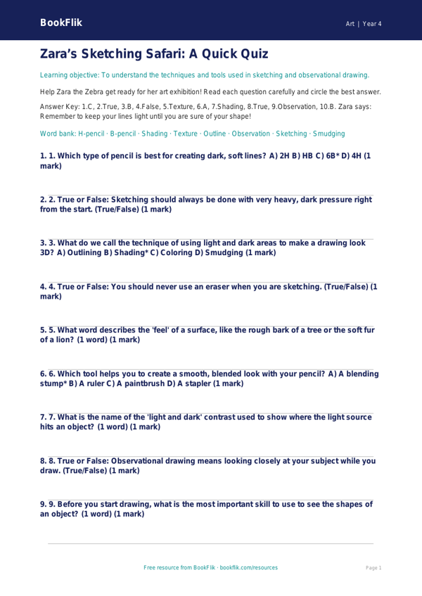 Art sketching quiz grade 3 core worksheet preview — Art Sketching