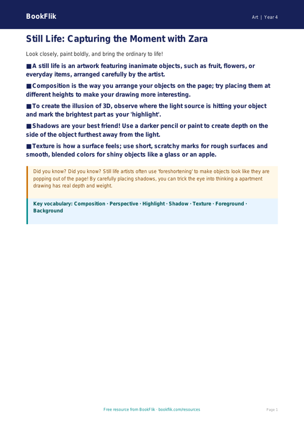 Art still life poster grade 3 core worksheet preview — Art Still Life