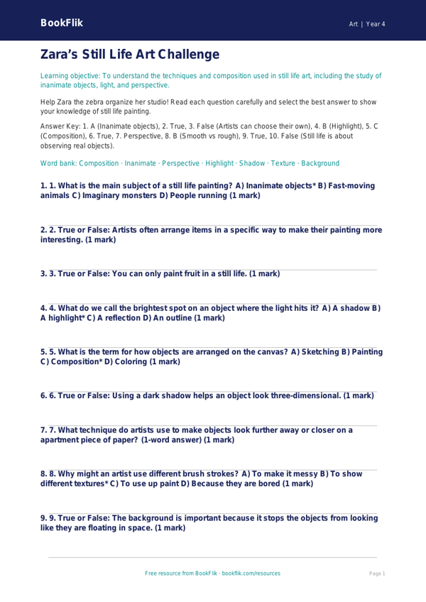 Free Still Life Quiz | Grade 3 | Art | BookFlik worksheet preview — Art Still Life