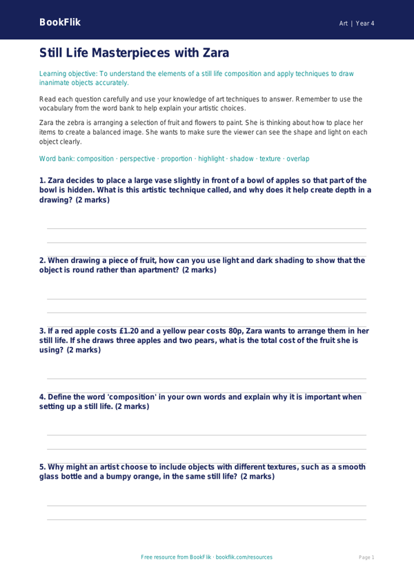 Free Still Life Worksheet | Grade 3 | Art | BookFlik worksheet preview — Art Still Life